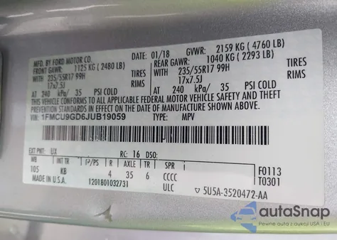 2018 Ford Escape Se from USA, damaged, VIN 1FMCU9GD6JUB19059